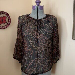 Y2K VTG Blouse M 100% Silk Crinkle Chiffon Sheer Tribal Print Whimsi Boho Black